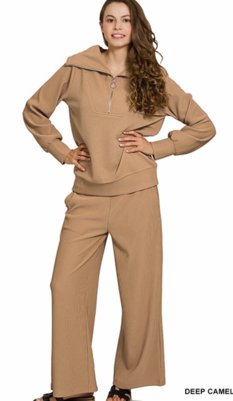 ZENANA RIBBED HIGH NECK HALF ZIP PULLOVER & PANTS SET